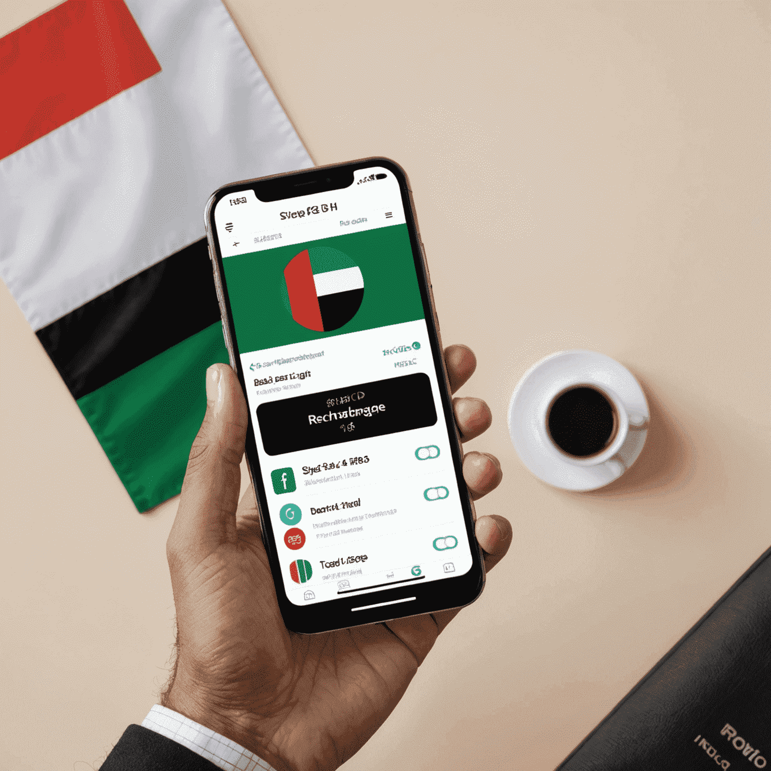 A person holding a smartphone, with a UAE flag and mobile recharge icons in the background, representing a step-by-step guide on using zonefutureuae.com for quick and easy mobile recharge in the United Arab Emirates.