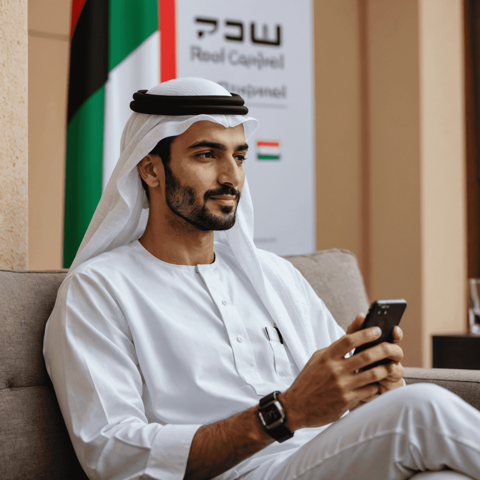 A person relaxing while using their smartphone, with the zonefutureuae.com logo and a UAE flag in the background, representing the simplicity and efficiency of recharging mobile phones online with their service in the United Arab Emirates.